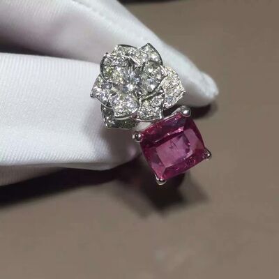 18K White Gold Piaget Rose Flower Ring G34UU600 With Cushion - Cut Pink Tourmaline