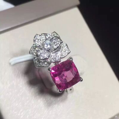 18K White Gold Piaget Rose Flower Ring G34Q7900 With Cushion - Cut Pink Tourmaline