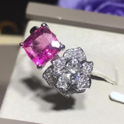 18K White Gold Piaget Rose Flower Ring G34Q7900 With Cushion - Cut Pink Tourmaline