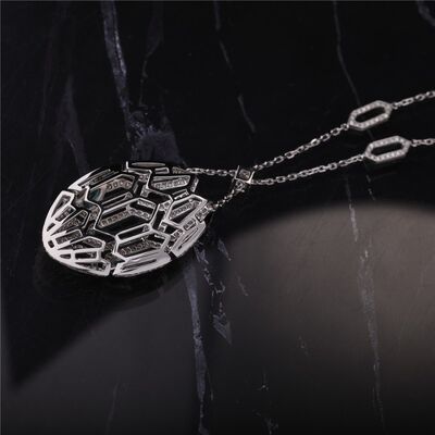 Italy Luxury Serpenti Necklace in 18K White Gold set with Emerald Eyes and with pavé diamonds on the Chain and the Head