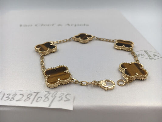 Vintage Style  5 Motifs 18K Gold Bracelet With Tiger'S Eye Stone / Flower Shape