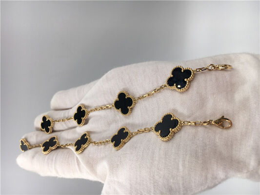 Vintage Van  Flower Bracelet With 5 Motifs Onyx , 18k Gold Charm Bracelet