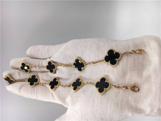 Vintage Van  Flower Bracelet With 5 Motifs Onyx , 18k Gold Charm Bracelet