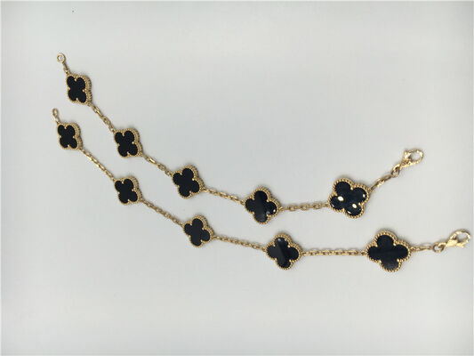 Vintage Van  Flower Bracelet With 5 Motifs Onyx , 18k Gold Charm Bracelet