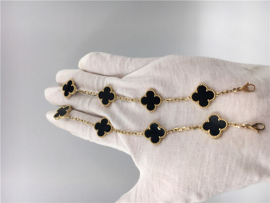 Vintage Van  Flower Bracelet With 5 Motifs Onyx , 18k Gold Charm Bracelet