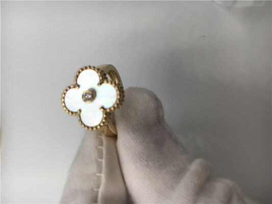 Vintage Alhambra Yellow 18k Gold Ring Round Diamond With White Mother Of Pearl