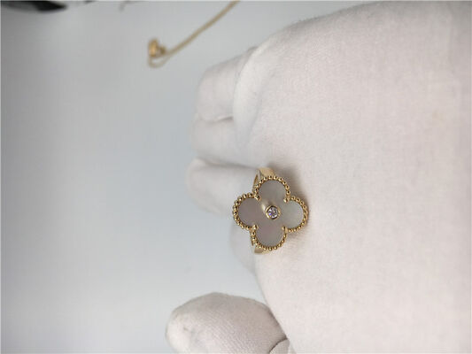 Vintage Alhambra Yellow 18k Gold Ring Round Diamond With White Mother Of Pearl