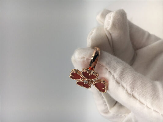 18k Rose Gold Van  And Arpels Flower Ring With Carnelian / Round Diamond