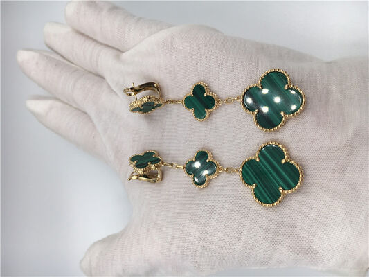 Green 18k Gold Vca Alhambra Earrings , Van  Onyx Earrings With Malachite