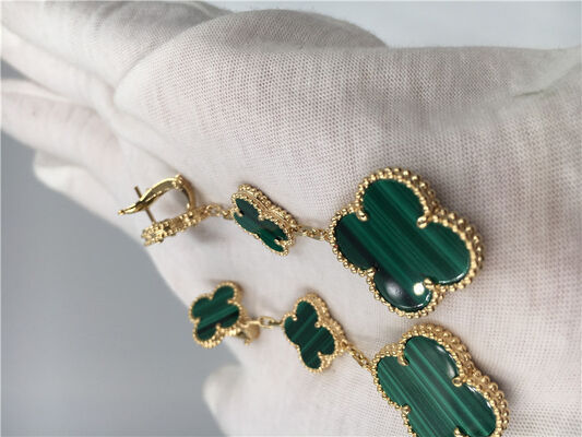 Green 18k Gold Vca Alhambra Earrings , Van  Onyx Earrings With Malachite