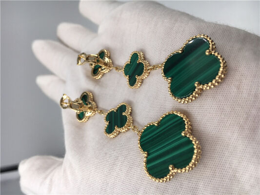 Green 18k Gold Vca Alhambra Earrings , Van  Onyx Earrings With Malachite