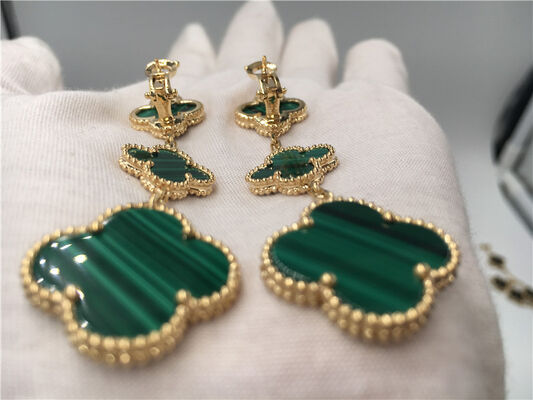 Green 18k Gold Vca Alhambra Earrings , Van  Onyx Earrings With Malachite