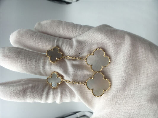 Van  Earrings With 2 Motifs , 18k Yellow Gold Van  Mother Of Pearl Earrings