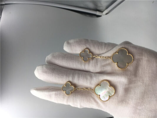 Van  Earrings With 2 Motifs , 18k Yellow Gold Van  Mother Of Pearl Earrings
