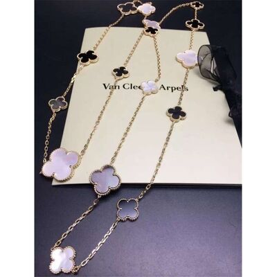 16 Motifs 18k Van  And Arpels Magic Alhambra Long Necklace White Gray Mother Of Pearl Onyx