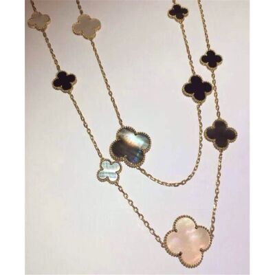 16 Motifs 18k Van  And Arpels Magic Alhambra Long Necklace White Gray Mother Of Pearl Onyx