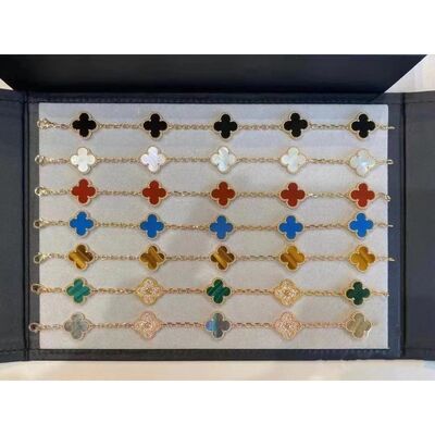 18K Gold And Real Diamonds Van  And Arpels 5 Motifs Vintage Alhambra Bracelet
